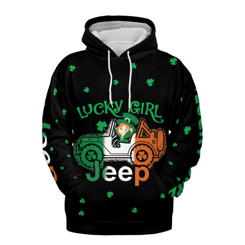 Lucky Girl Jeep Lovers 3D Hoodie, 4WD Irish Jeep Offroad St. Patrick's Day AOP Hoodie Shirt