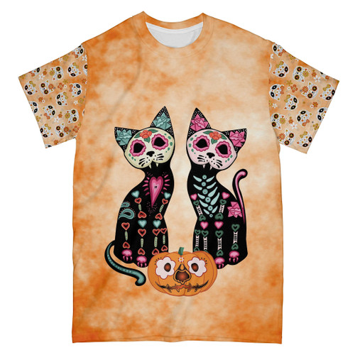 When Black Cats Prowl Tie Dye Halloween All Over Print T shirt, Sugar Skull Halloween Shirt 3D AOP