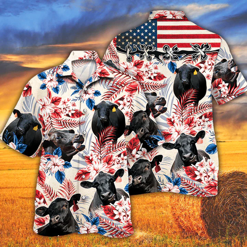 Black Angus Cattle Lovers American Flag Hawaiian Shirt, Cow Hawaiian Shirt Vintage Flower