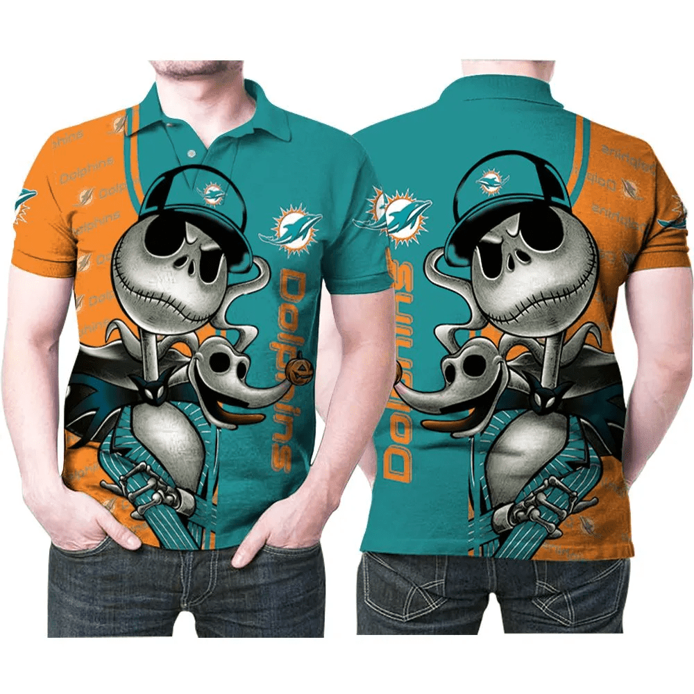 Mens & Womens Miami Dolphins Jack Skellington Halloween 3D Printed Gift For Miami Dolphins Fan Polo Shirt