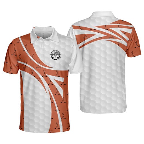 Mens & Womens Skull Golfer Seamless Pattern Golf Polo Shirt, White And Orange Golf Shirt For Men, Cool Gift For Golfers