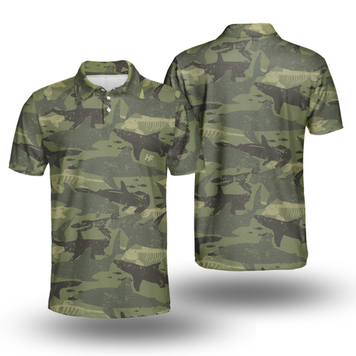 Mens & Womens Camouflage Shark Pattern Short Sleeve Polo Shirt, Camo Military Polo Shirt, Best Shark Shirt For Men