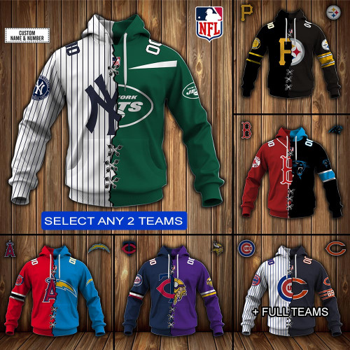 MLB x NFL Special Design Collection | Select Any 2 Teams to Mix and Match - Custom Number Hoodie AOP Shirt