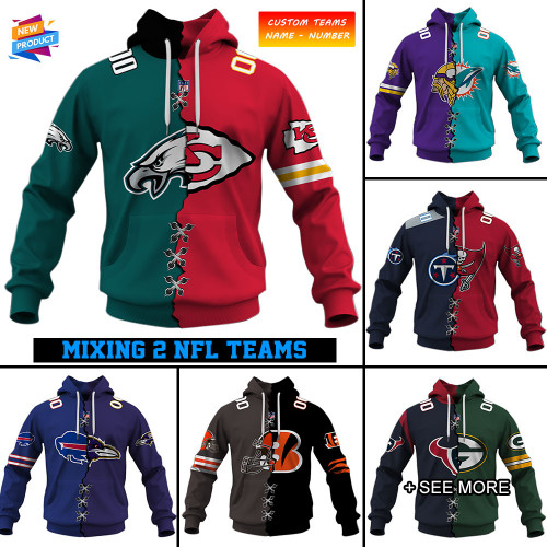 Mix 2 NFL Teams | Select Any 2 Teams to Mix and Match - Custom Number Hoodie AOP Shirt