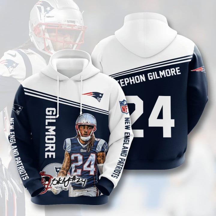 NFL New England Patriots Stephon Gilmore Blue White Pullover Hoodie AOP Shirt