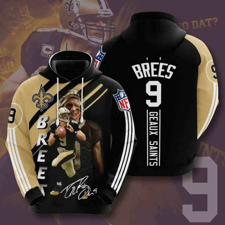 NFL New Orleans Saints Drew Brees Old Gold Black Pullover Hoodie AOP Shirt