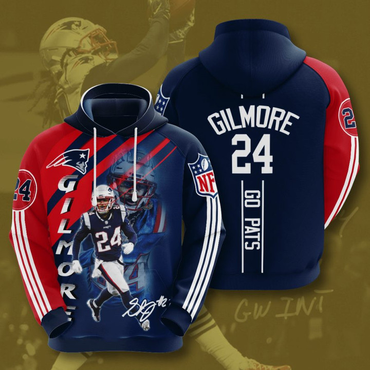 NFL New England Patriots Stephon Gilmore Blue Red Stripes Pullover Hoodie AOP Shirt