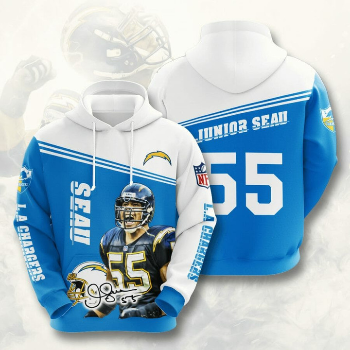 NFL Los Angeles Chargers Junior Seau Powder Blue White Pullover Hoodie AOP Shirt