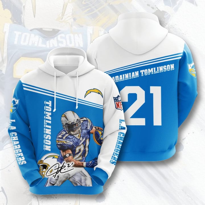 NFL Los Angeles Chargers LaDainian Tomlinson Powder Blue White Pullover Hoodie AOP Shirt