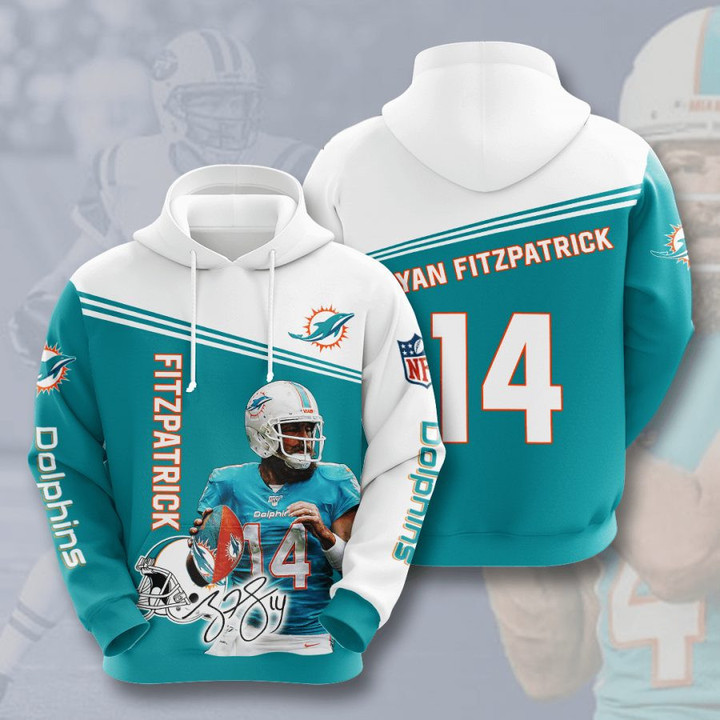NFL Miami Dolphins Ryan Fitzpatrick Aqua White Pullover Hoodie AOP Shirt