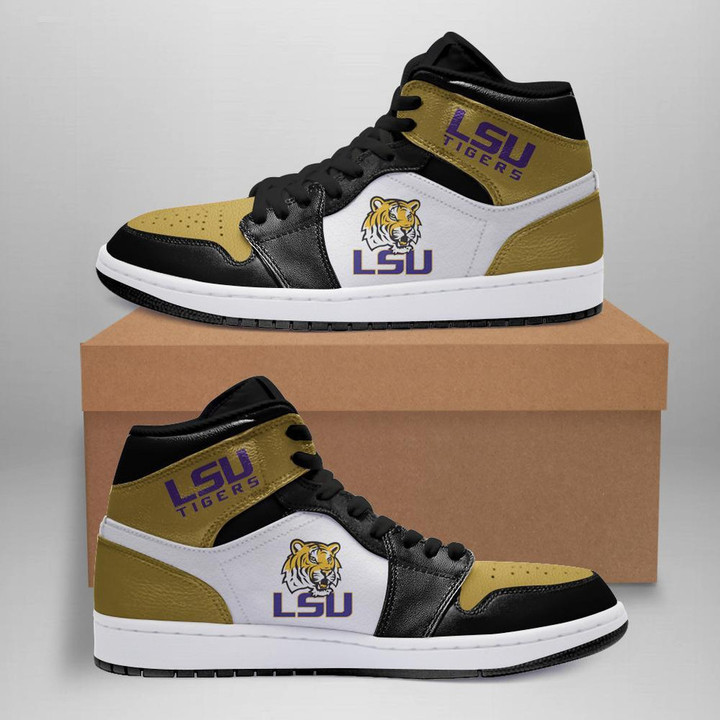 Air JD Hightop Shoes NCAA LSU Tigers Gold White Air Jordan 1 High Sneakers