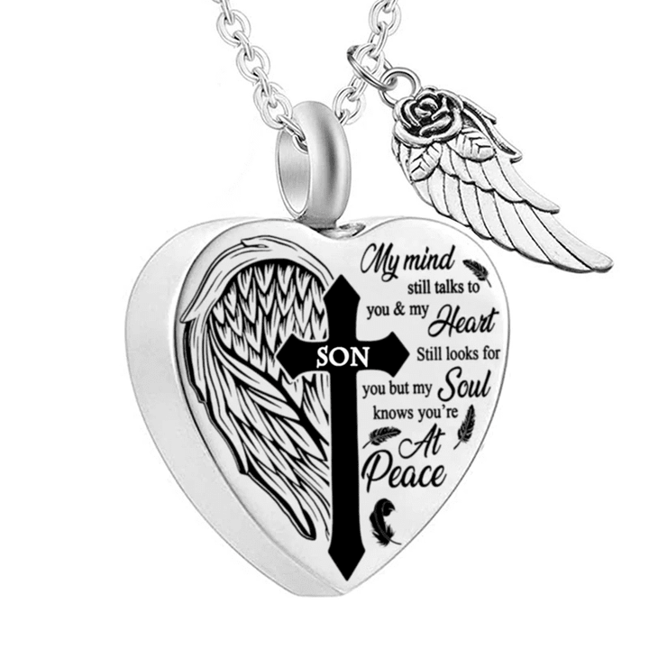 Memorial Heart Necklace Gothic Cross Son Daughter Mom Dad Husband Wife Stainless Steel Urn Angel Wings My Mind Still Talks To You and My Heart Still Looks for You