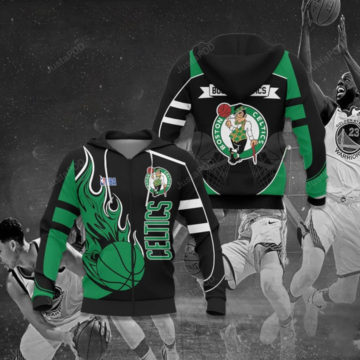 NBA Boston Celtics Black Green Zip Up Hoodie AOP Shirt ath-hd-0607
