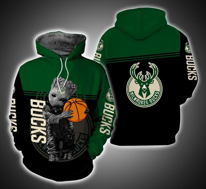 NBA Milwaukee Bucks Green Black Baby Groot Pullover Hoodie AOP Shirt ath-hd-0607