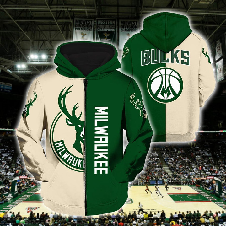 NBA Milwaukee Bucks Green Cream Half Zip Up Hoodie AOP Shirt ath-hd-0607