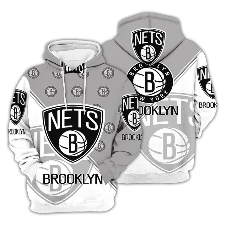 NBA Brooklyn Nets Gray White Half Multi Logo Pullover Hoodie AOP Shirt ath-hd-0607