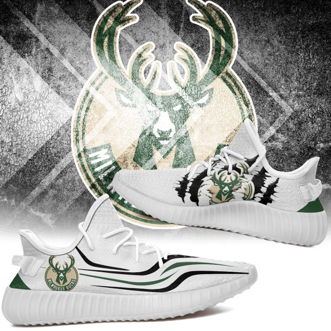 NBA Milwaukee Bucks White Green Scratch Yeezy Boost Sneakers V2 Shoes ah-yz-0707