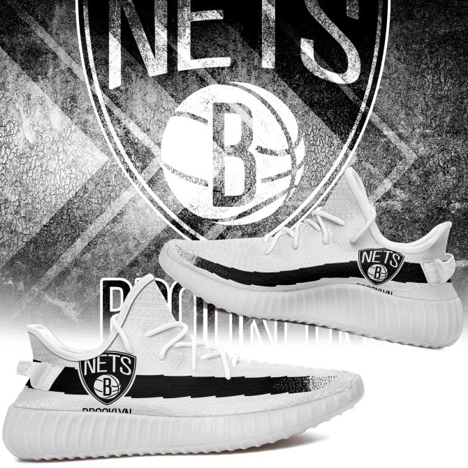 NBA Brooklyn Nets White Black Yeezy Boost Sneakers Shoes ah-yz-0707