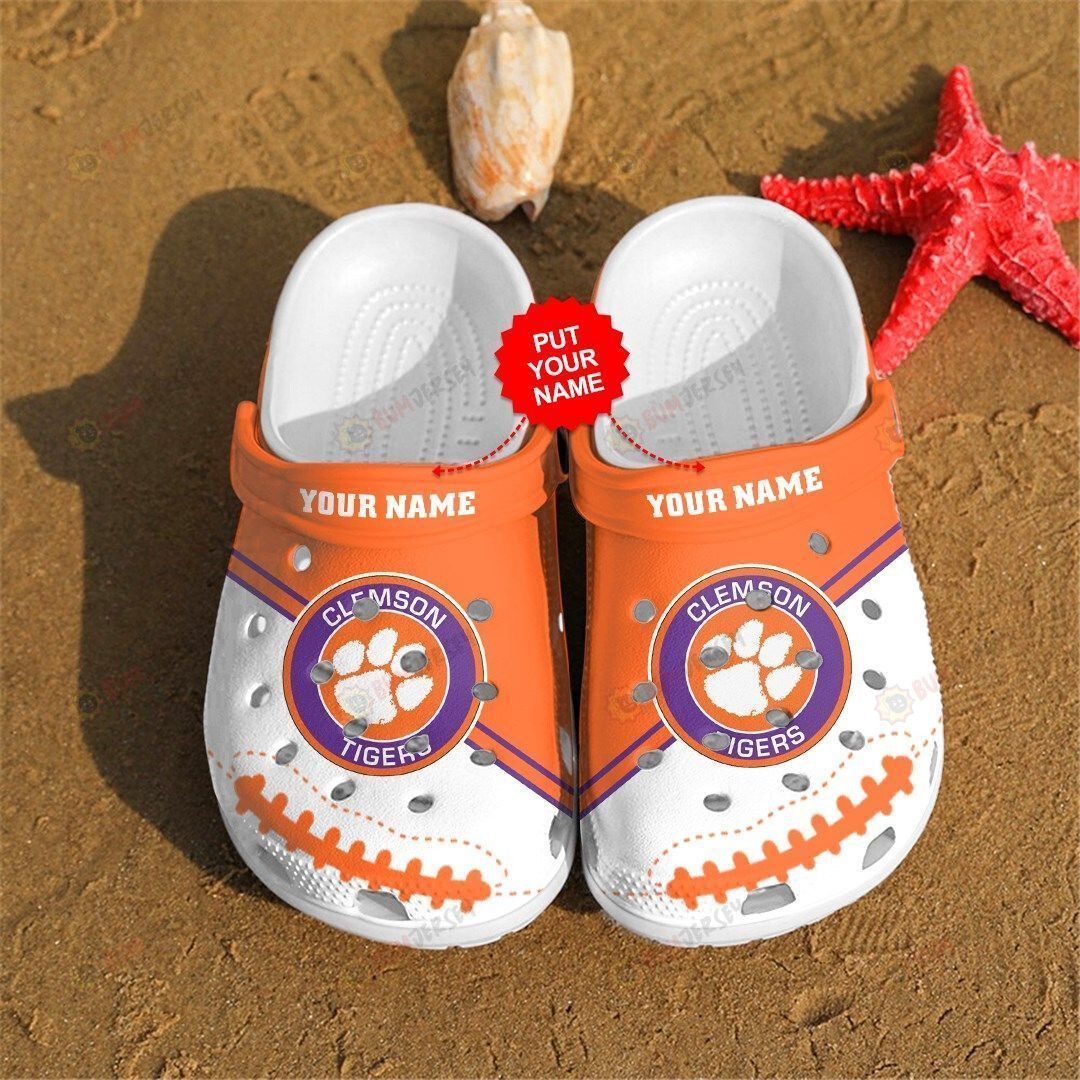 Clemson Tigers Custom Name Pattern Crocs Classic Clogs Shoes In White & Orange