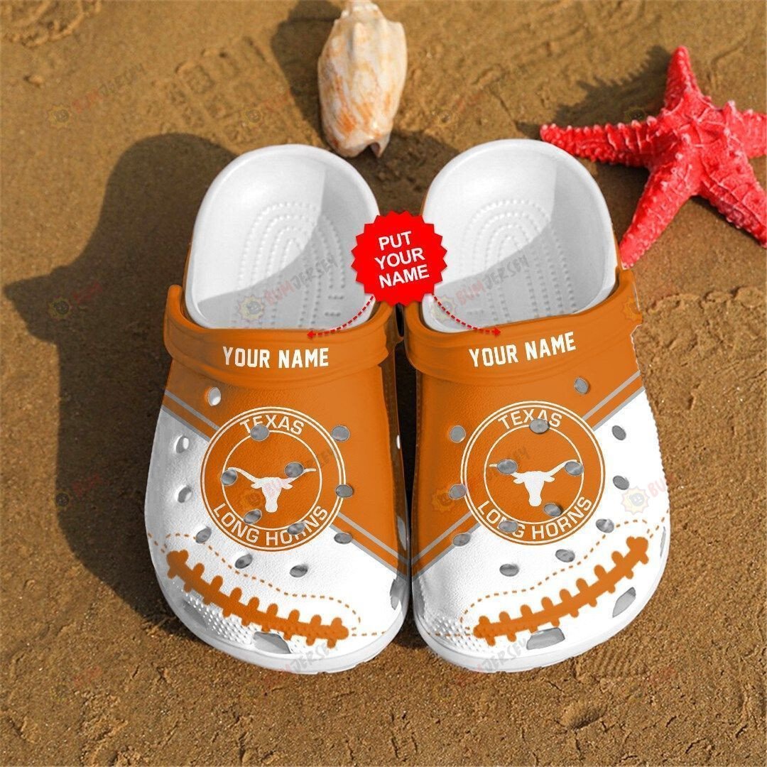 Texas Longhorns Custom Name Pattern Crocs Classic Clogs Shoes In White & Orange