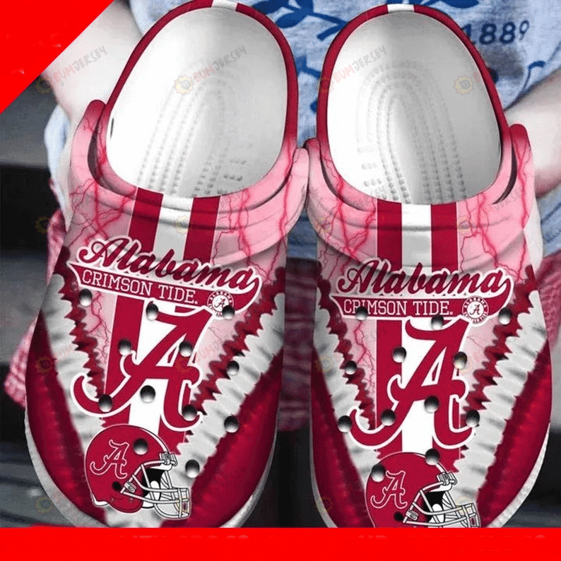 Alabama Crimson Helmet Pattern Crocs Classic Clogs Shoes In White & Red
