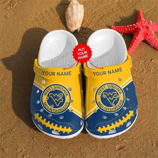 West Virginia Mountaineers Custom Name Crocs Classic Clogs Shoes In Yellow Blue