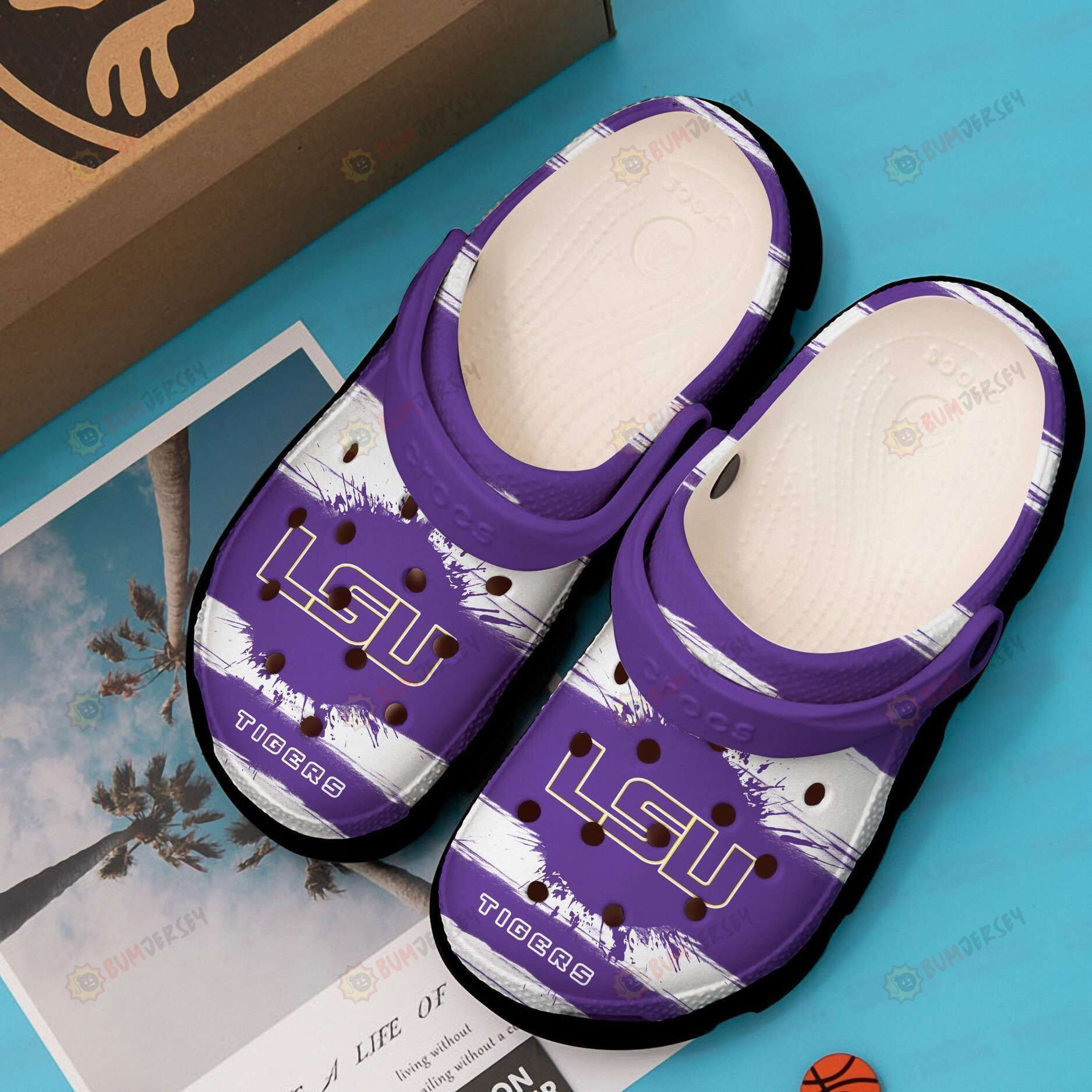 Lsu Tigers Logo Pattern Crocs Classic Clogs Shoes In Purple & White