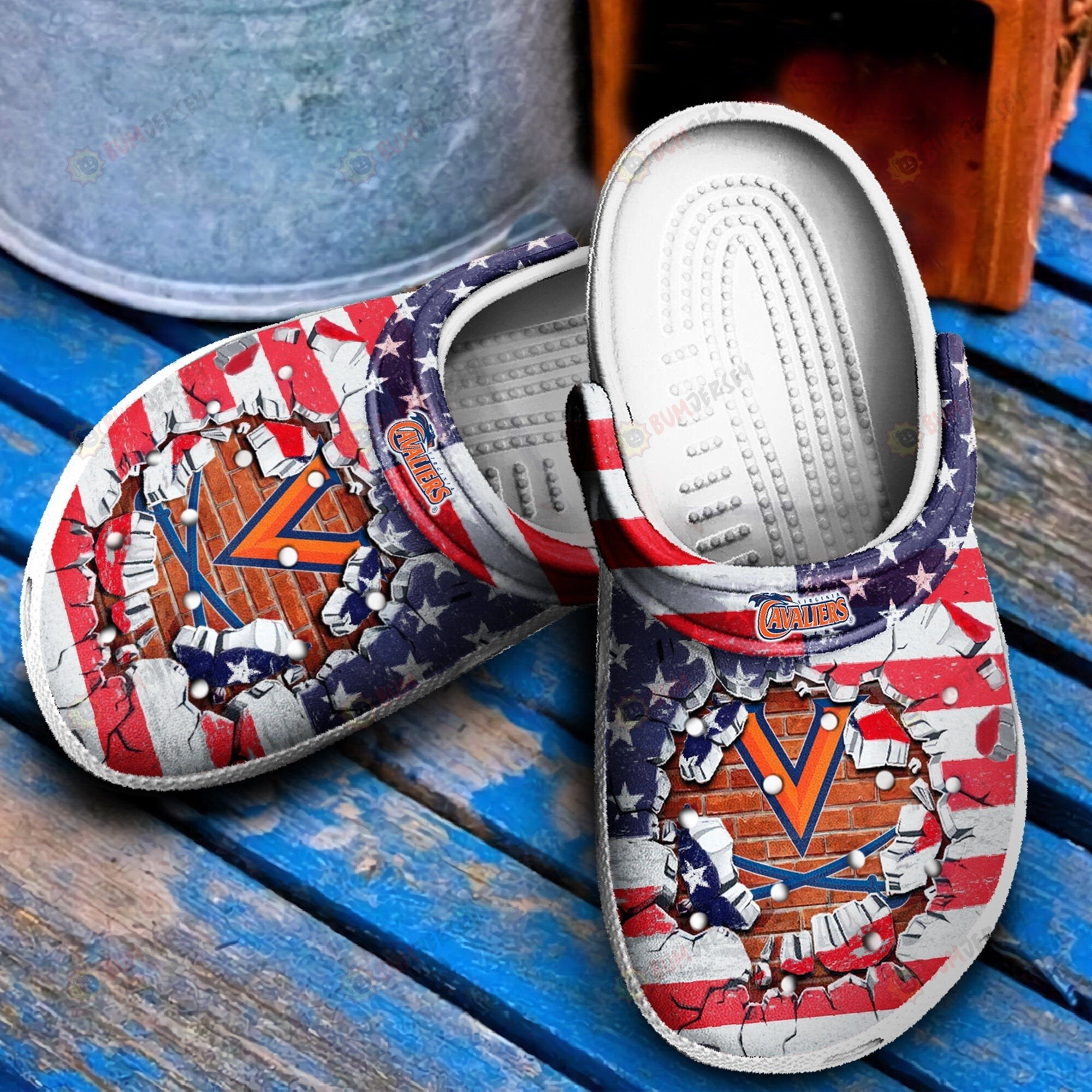 Virginia Cavaliers Logo Amercan Flag Breaking Pattern Crocs Classic Clogs Shoes