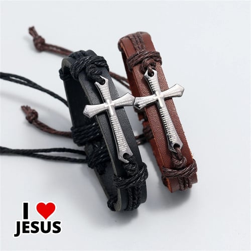 Vintage Adjustable Jesus Cross Leather Bracelets for Men & Women