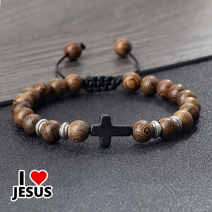 Handmade Natural Stone Wooden Beaded Jesus Cross Bracelets for Men & Women