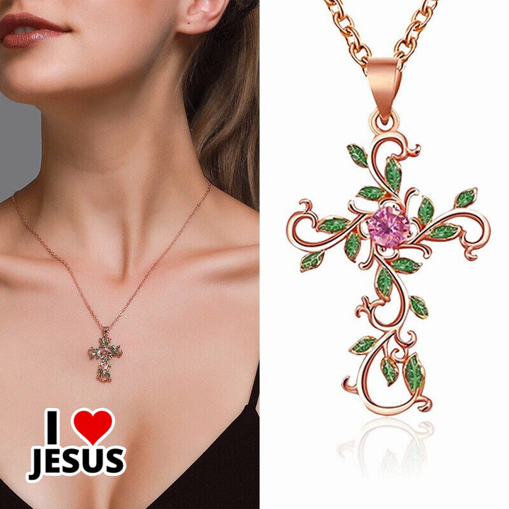 Flower and Leaf Cross Necklace for Womens