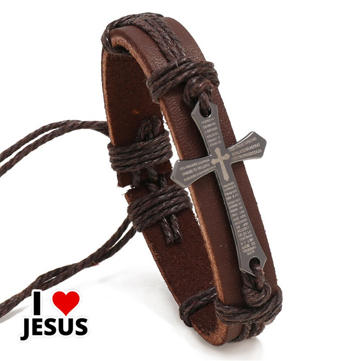 Vintage Adjustable Jesus Cross Leather Bracelets for Men & Women