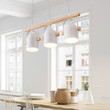 This picture shows a modern wooden rural style 3 heads pendant lamp in the kitchen.
