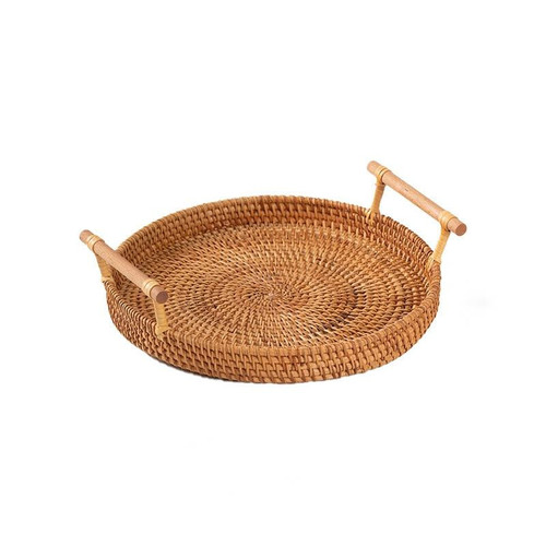 Handwoven Rattan Storage Tray With Wooden Handle Round Wicker Basket Platter
