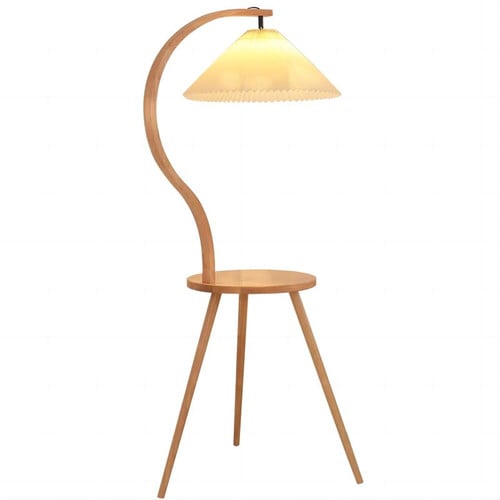 Retro Wooden Floor Lamp Tripod Stand Light Pleated Shade Shelf Reading Lamp