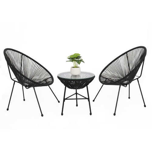 3 Pcs Patio Acapulco Bistro Furniture Set with 2 Chairs & Glass Top Table Black