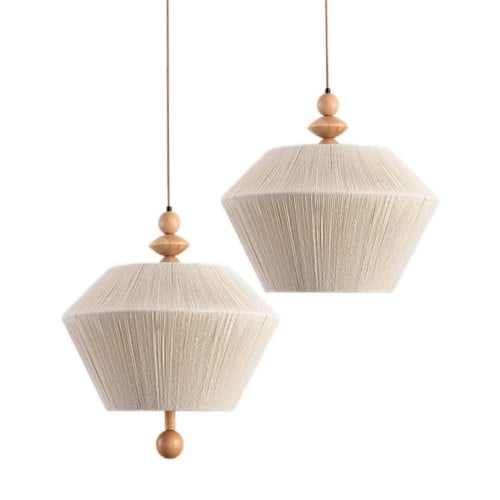 Vintage French Solid Wood Hemp Rope Lights Mid-Century Modern Style