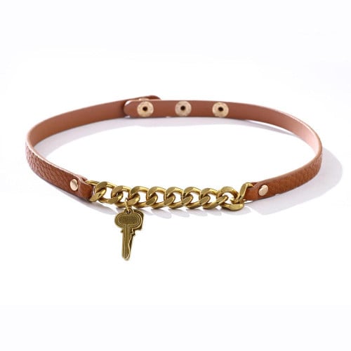 Gothic Red Brown Lucky Key Chain PU Leather Choker