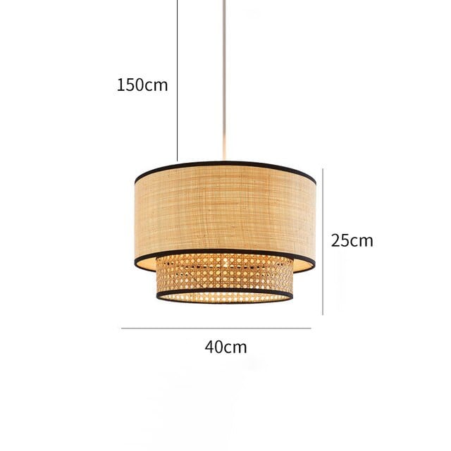 This picture shows a modern rattan black and wood pendant light in size 40cm with white cable.