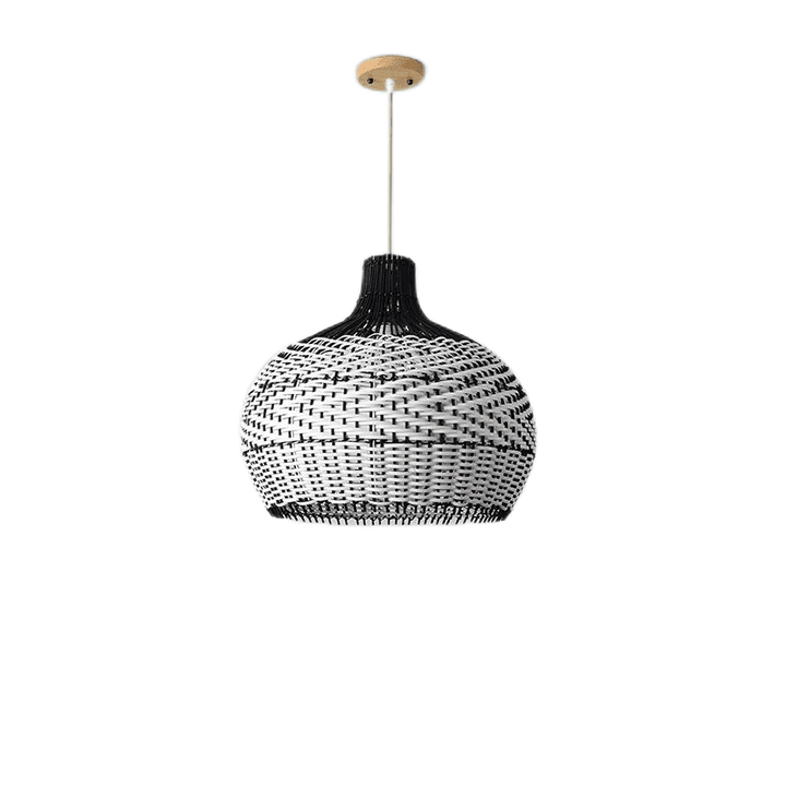 This picture shows a rattan woven vintage black and white art hanging light.