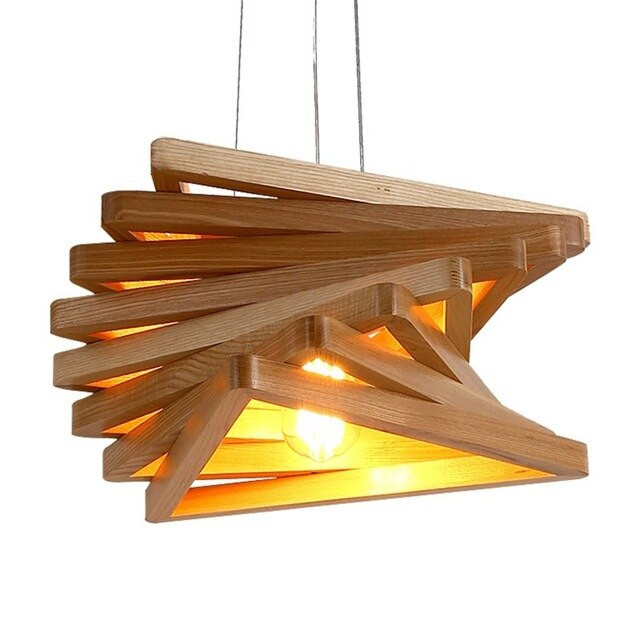This picture shows a modern solid wood triangle pendant light.