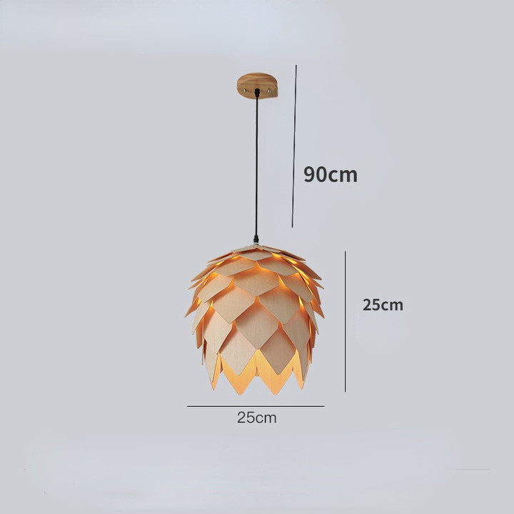 This picture shows a modern art wooden pinecone pendant light in size 25cm.