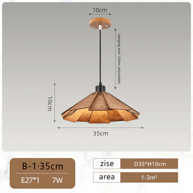This picture shows a creative wooden straw hat shape hanging lamp with normal style in dark wood color in size 35cm. 