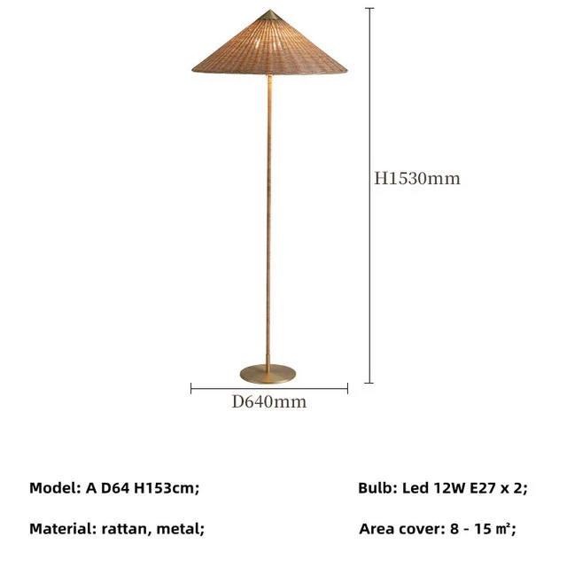This picture shows a nordic rattan hat led floor lamp in rattan color in size 153cm.