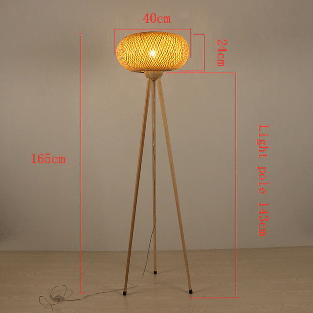 This picture shows a nordic designer bamboo wooden tripod standing floor light in size 165cm.
