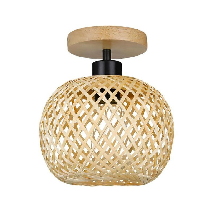 This picture shows a woven bamboo ceiling lamp.
