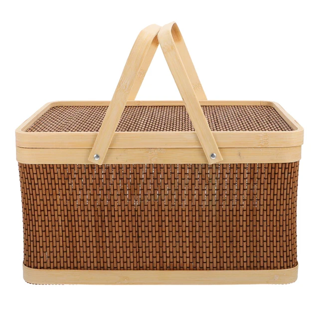 Basket Picnic Storage Woven Wicker Bamboo Baskets Hamper Handle Organizer