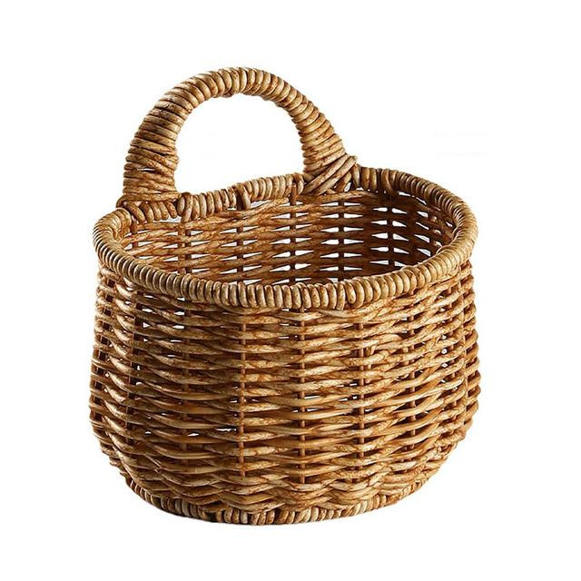 Hand Woven Hanging Storage Basket With Handle Wall Mounted Rattan Planter