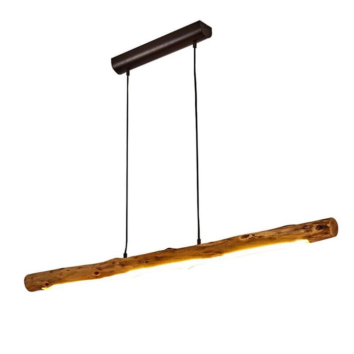 This picture shows a minimalist wood adjustable linear warm hanging lamp.