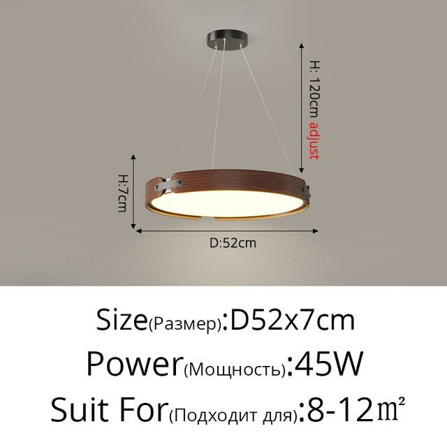 This picture shows a modern round shape LED wood pendant light in color walnut in size 52cm.